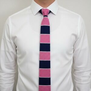 Tie Bar Knit Silk Skinny Square Tie Pink Navy White Striped Preppy Mens 58"x2"